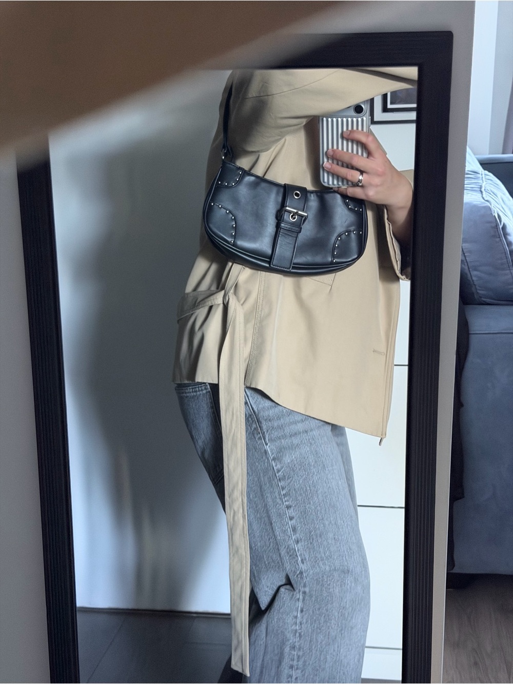 Black Studded Shoulder Bag with Buckle - Picture 8 of 11
